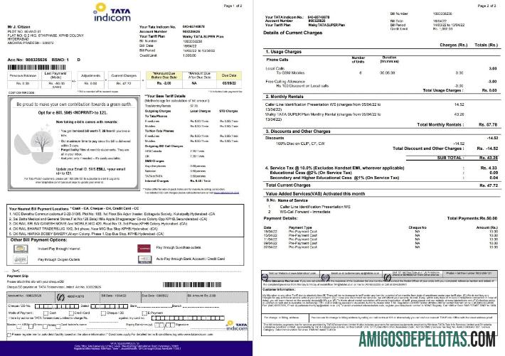 Em branco modelo de conta de serviços públicos móveis da Índia Tata Indicom em formato Word e PDF, 2 páginas